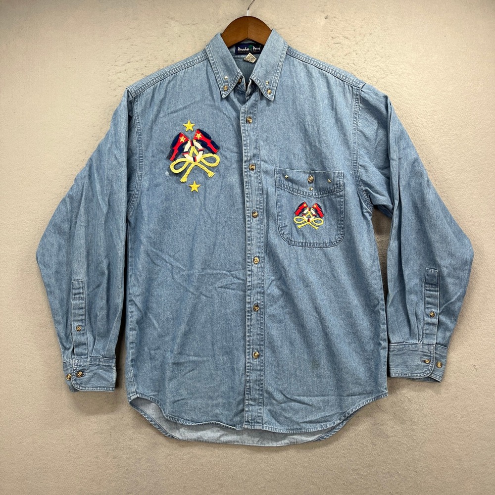 Paradise Point Button Up Shirt Men Small Blue Denim Embroidered Nautical Vintage